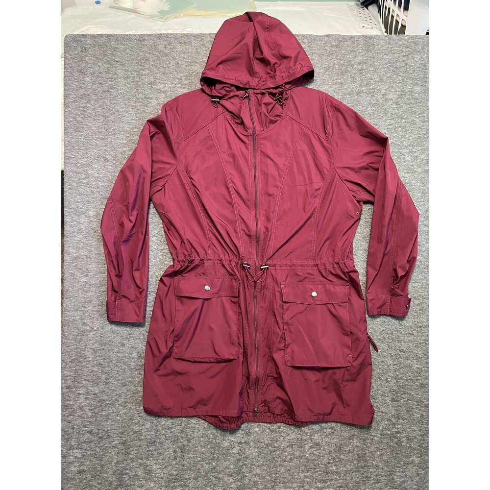 J.Jill Fit Womens Burgundy Hooded Windbreaker Jacket Drawstring Waist Large